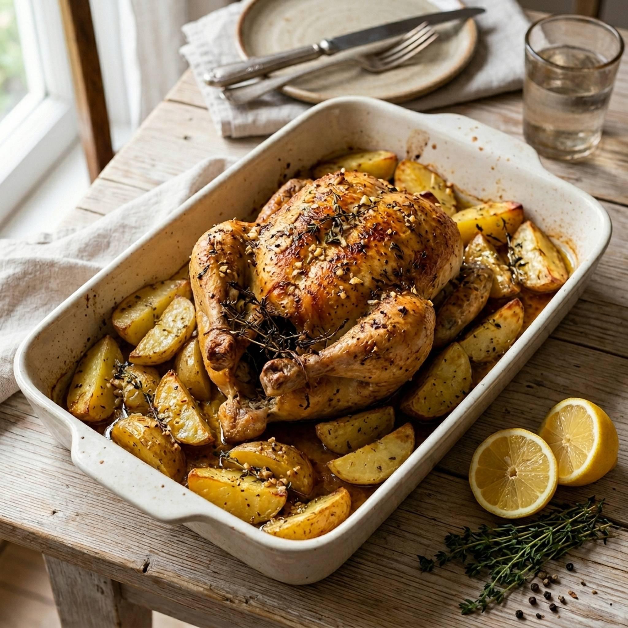 Poulet entier au citron et thym